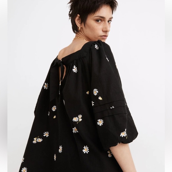 NWOT Madewell Square-Neck Pleat-Detail Black Mini Dress in Lazy Daisies XXS - Picture 2 of 11